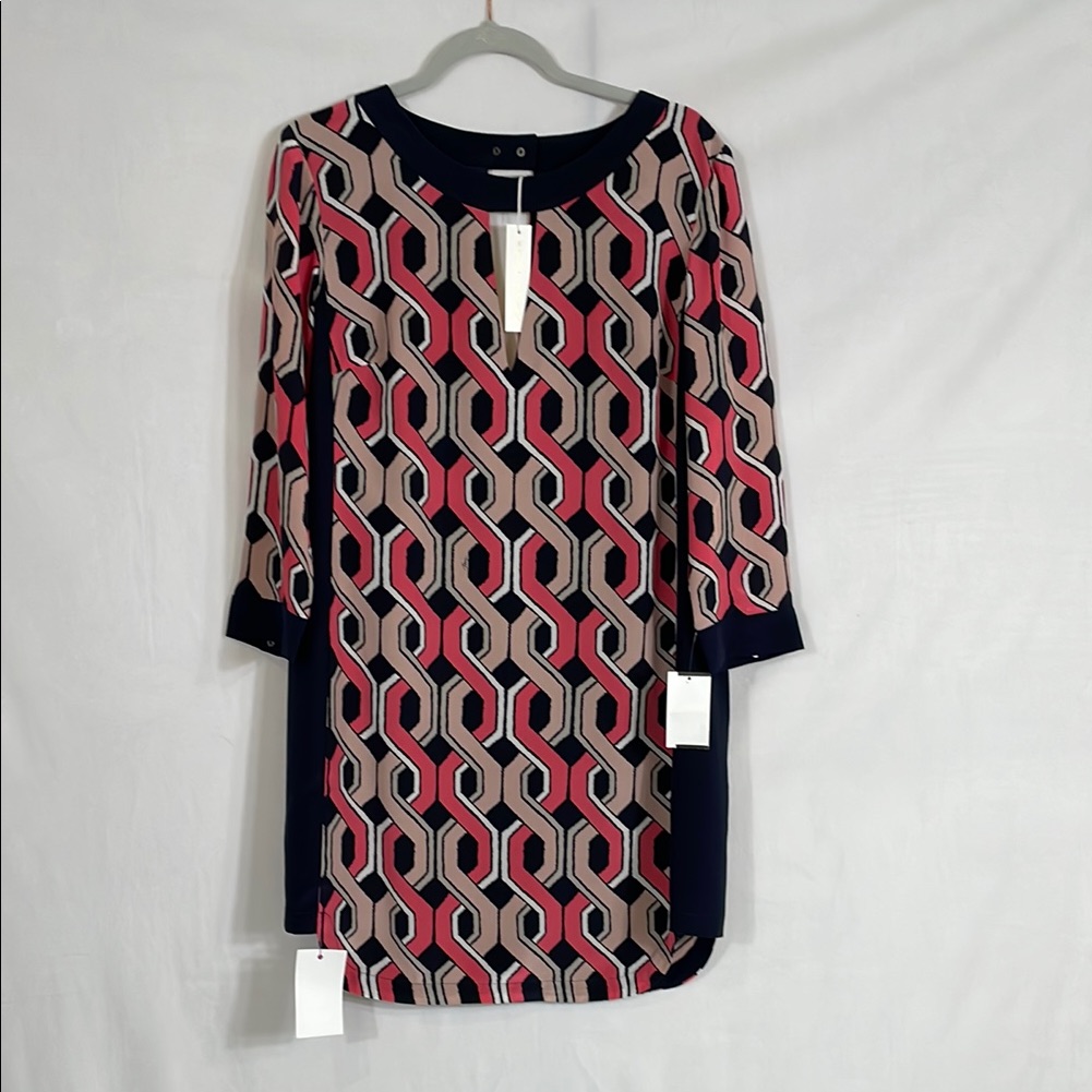 Nwt Trina Turk Dress Size 10 100% Silk Pink And Navy Geometric Print
